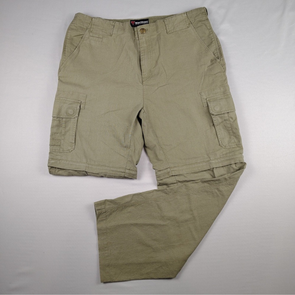 Scottevest Pants Mens 36x30 Green Cargo Convertible Travel Zip-Off Linen Cotton
